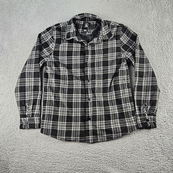 Volcom‎ Shirt Mens Small Black White Plaid Long Sleeve Fleece Snap Closure - Picture 1 of 11